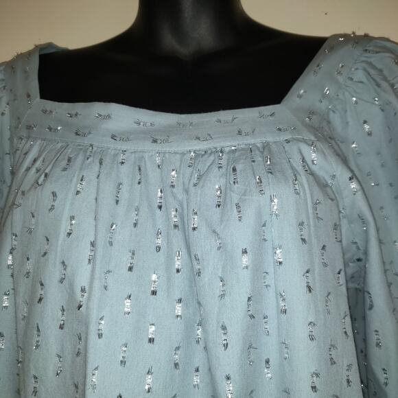 Lauren Conrad Pastel Blue Smock Top Sz L Silver Embellished Square Neck Boho - Picture 6 of 16